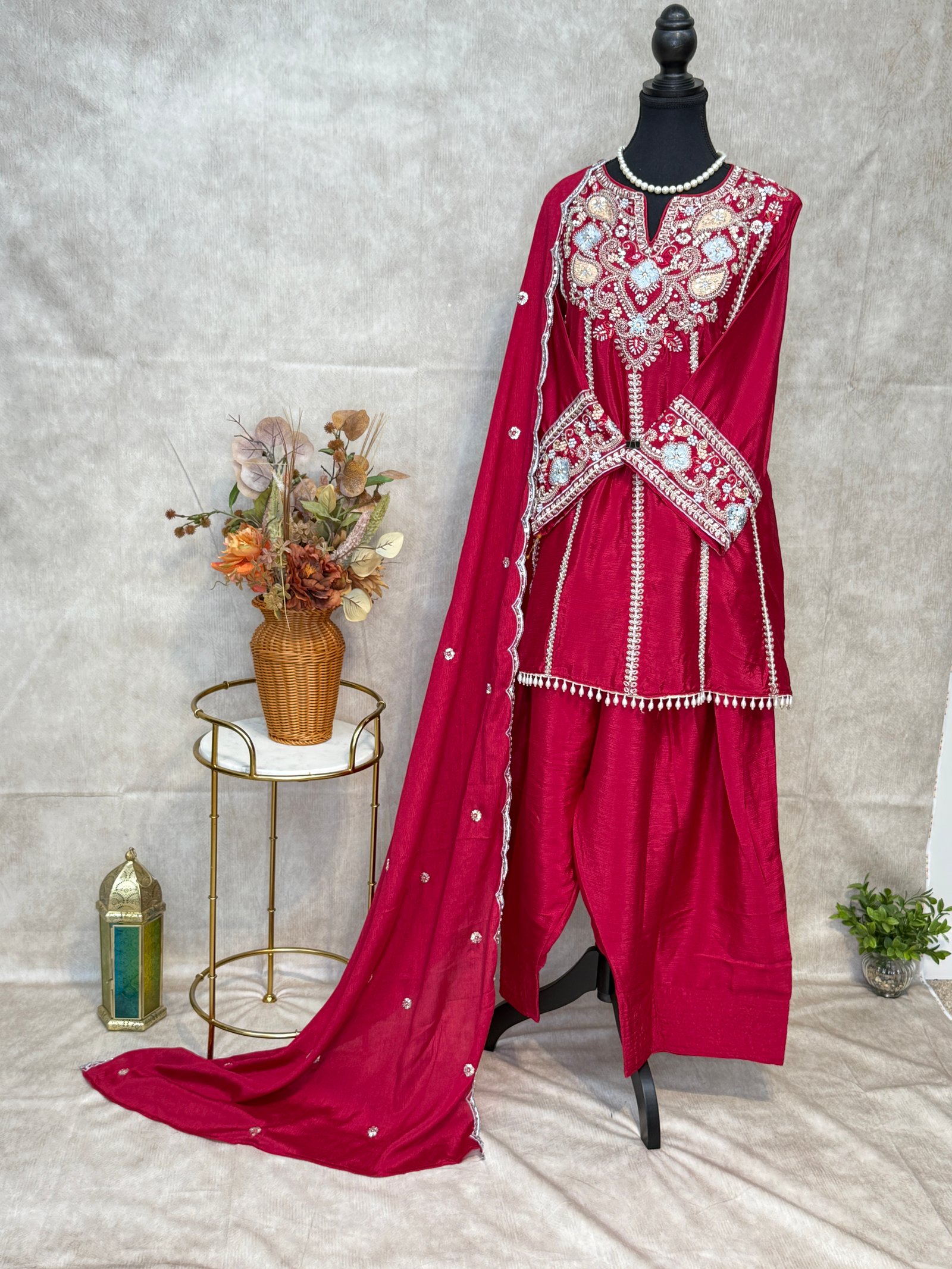 Royal Ruby Pink Pure Chinon Farshi Salwar Suit